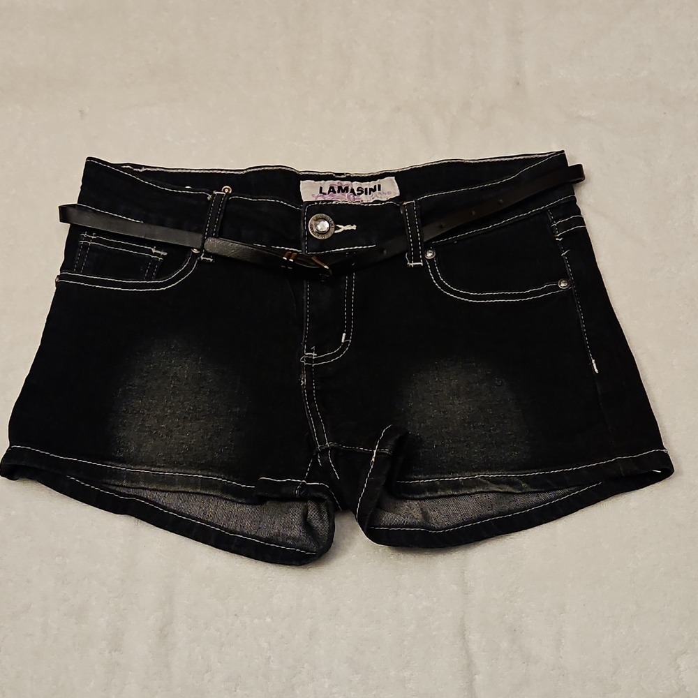 LAMASINI Cut-Off Shorts Juniors 5 Black Denim Embroidered Pockets Belted Casual